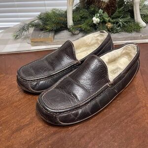 UGG Ascot 5379 Mens Brown Leather Shearling Fur Lined Slippers Shoes Size 10